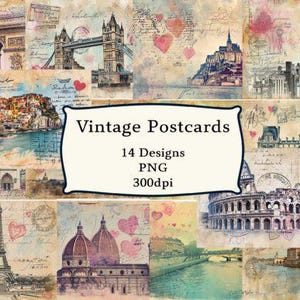 Vintage Postcards Clipart | 14 Travel Postcard Designs PNG | Digital Junk Journal Ephemera, Scrapbooking, 300dpi Instant Download