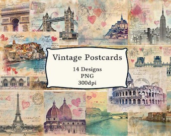 Vintage reispostkaarten Clipart: 14 stadsontwerpen, efemere ongewenste tijdschriften (digitale png-download)