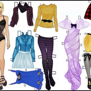 May include: A paper doll with various outfits. The doll is wearing a black bodysuit. Clothing options include a purple jacket, yellow sweater, blue blouse, purple leggings, a red plaid skirt, a yellow skirt, a purple dress, and gray pants.