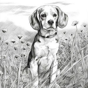 Puede incluir: Un dibujo a lápiz en blanco y negro de un beagle sentado en un campo de hierba alta. El perro mira directamente al espectador con una expresión seria. La hierba está dibujada con líneas finas, creando un efecto texturizado.