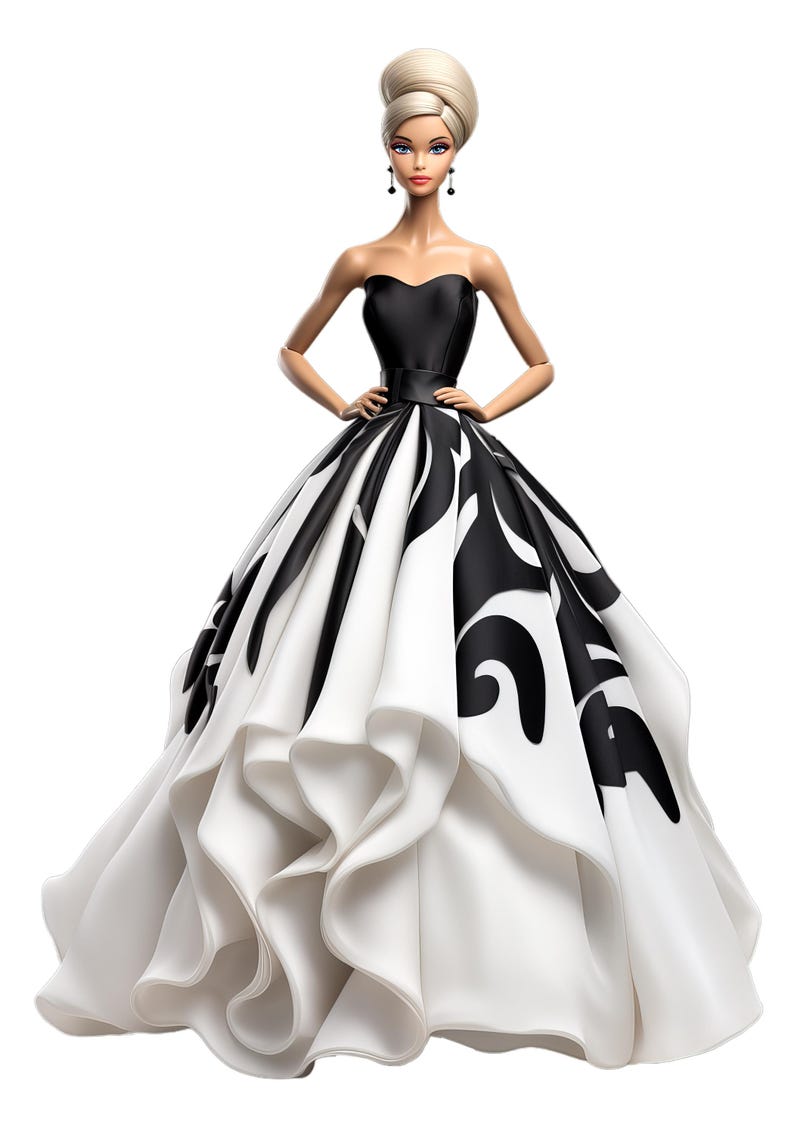 Puede incluir: Una mu&ntilde;eca rubia con un vestido de gala blanco y negro con falda de volantes. La mu&ntilde;eca lleva un cintur&oacute;n negro y pendientes negros.