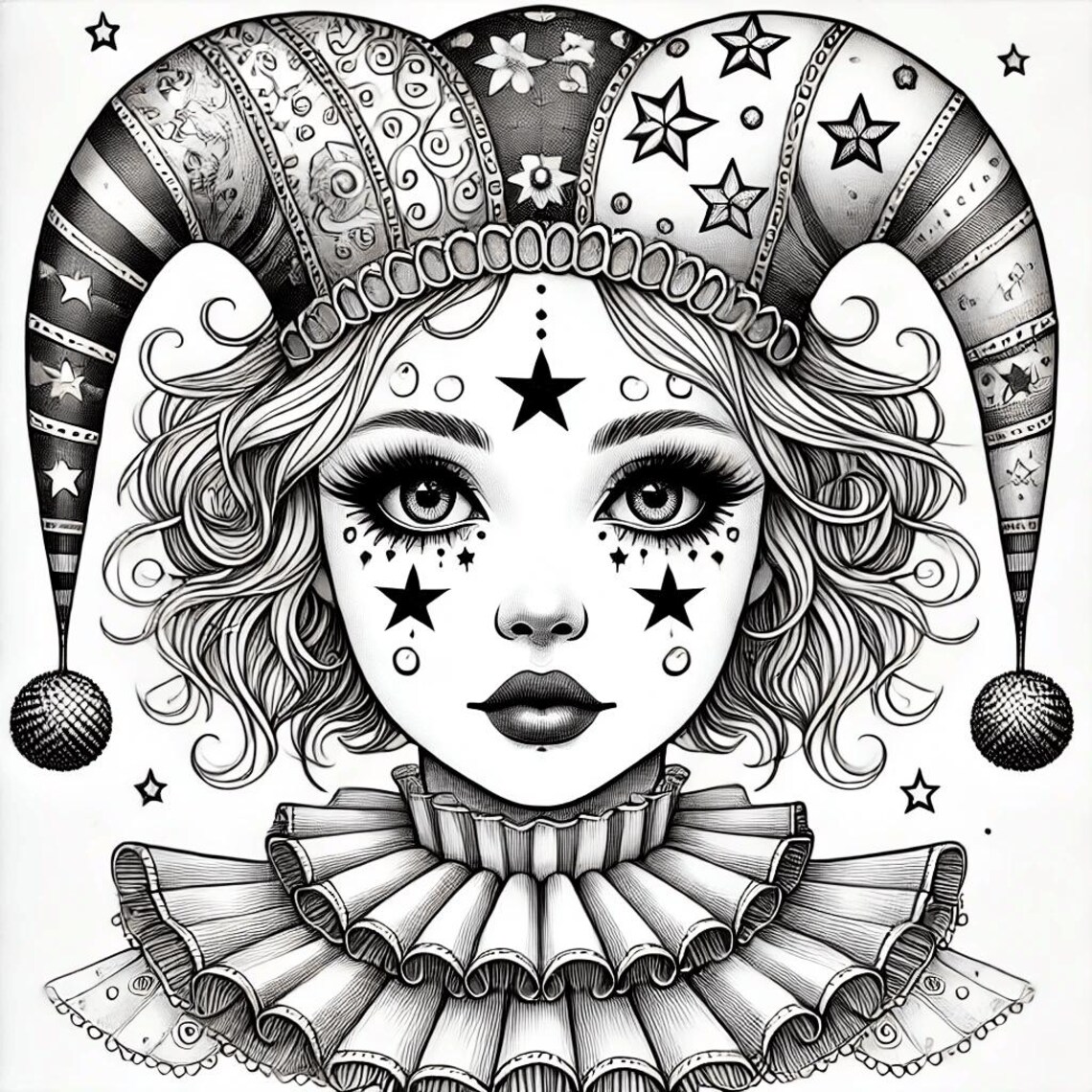 Intricate Clown Girl Coloring Page | Whimsical Jester Hat Adult ...