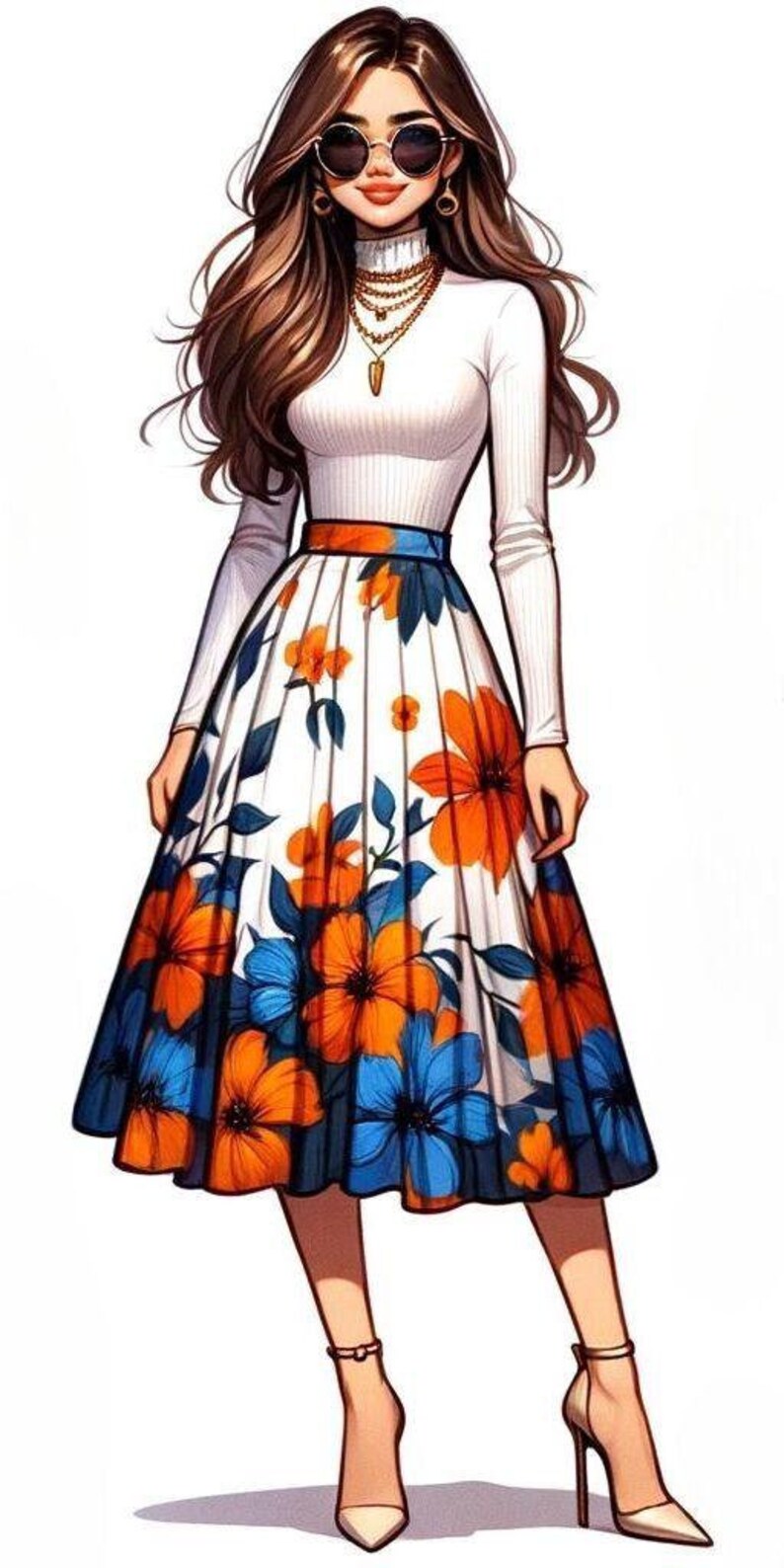 Puede incluir: Una mujer con un jersey blanco de cuello alto, un collar de oro, gafas de sol y una falda blanca con estampado floral naranja y azul. Lleva tacones blancos.