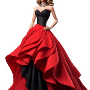 Puede incluir: Una mujer con un vestido de gala rojo y negro con una falda con volantes. Lleva un collar de diamantes y tiene el pelo rubio ondulado.