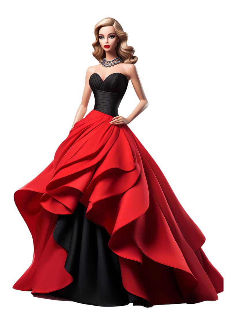 Puede incluir: Una mujer con un vestido de gala rojo y negro con una falda con volantes. Lleva un collar de diamantes y tiene el pelo rubio ondulado.