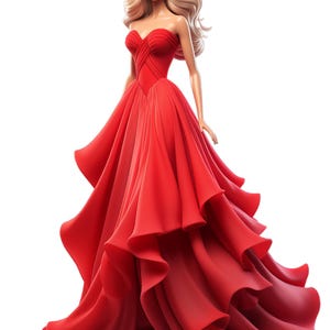 Puede incluir: Una mu&ntilde;eca rubia con un vestido rojo sin tirantes y una falda con volantes. La mu&ntilde;eca tiene ojos azules y lleva pendientes rojos.