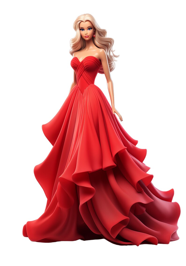 Puede incluir: Una mu&ntilde;eca rubia con un vestido rojo sin tirantes y una falda con volantes. La mu&ntilde;eca tiene ojos azules y lleva pendientes rojos.