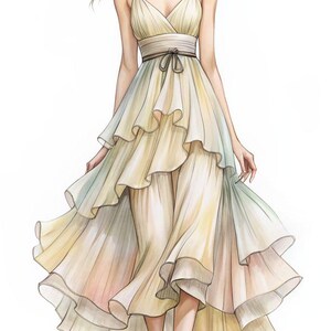 Puede incluir: Una ilustraci&oacute;n de moda de una mujer con un vestido fluido, de capas, de color crema con un fino cintur&oacute;n negro. El vestido tiene un escote en V y tirantes finos. La mujer lleva sandalias de tac&oacute;n beige.
