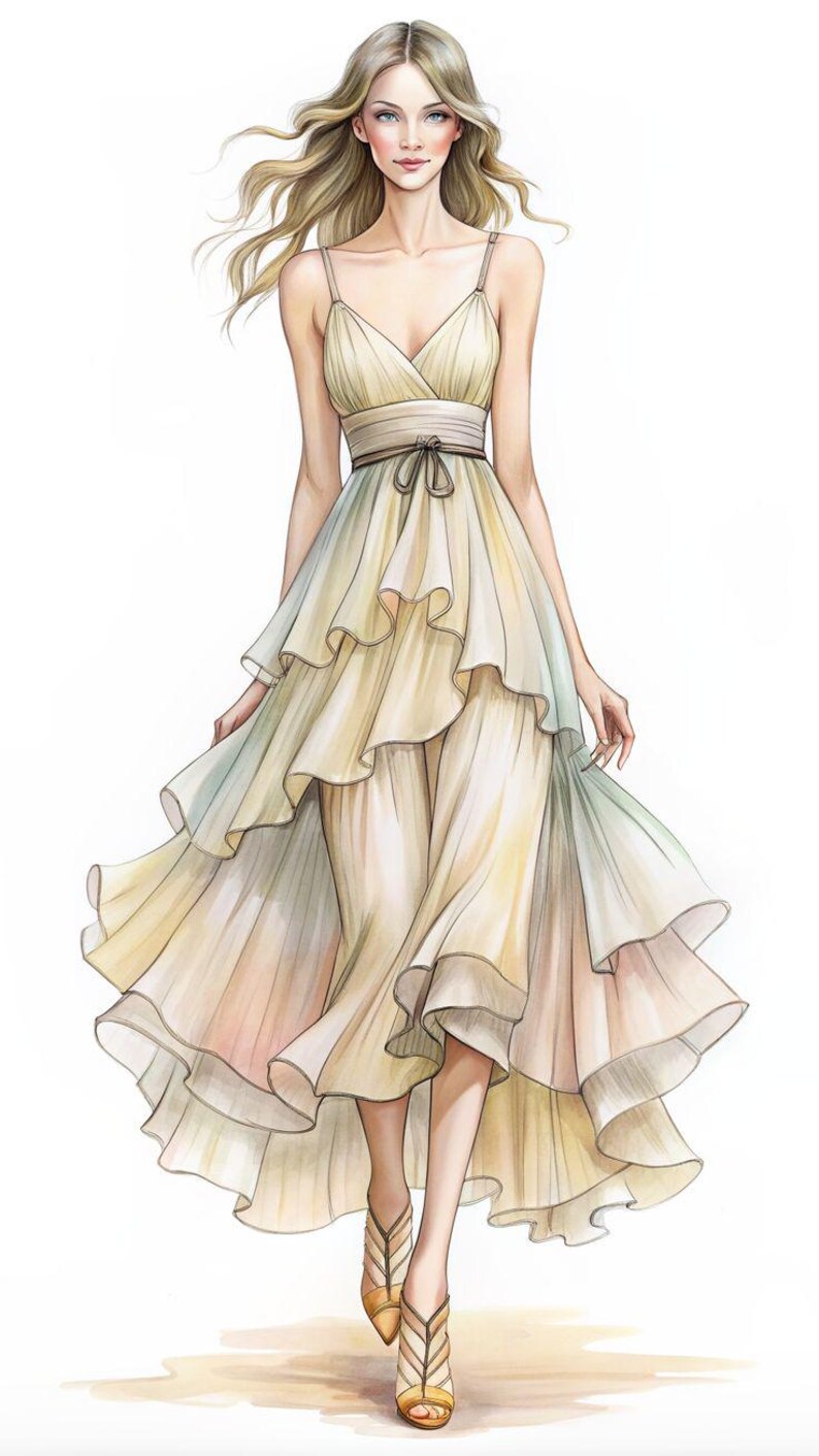 Puede incluir: Una ilustraci&oacute;n de moda de una mujer con un vestido fluido, de capas, de color crema con un fino cintur&oacute;n negro. El vestido tiene un escote en V y tirantes finos. La mujer lleva sandalias de tac&oacute;n beige.