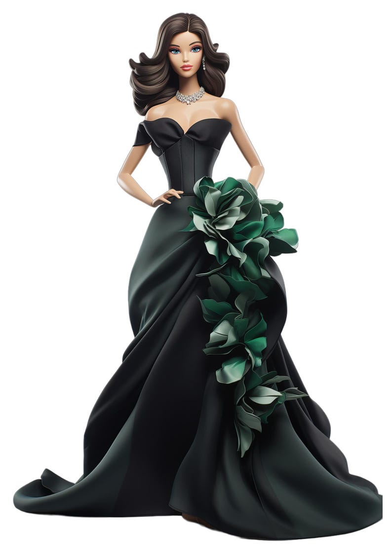 Puede incluir: Una mu&ntilde;eca con un vestido negro sin tirantes con un gran adorno floral verde en el lateral.