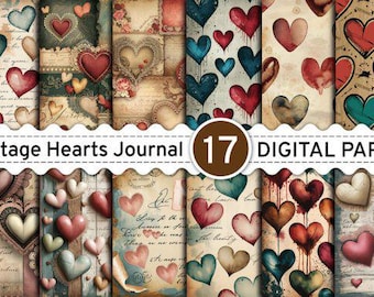 May include: A set of 17 digital papers featuring vintage hearts in various colors and patterns. The papers are perfect for scrapbooking, card making, and other crafting projects.