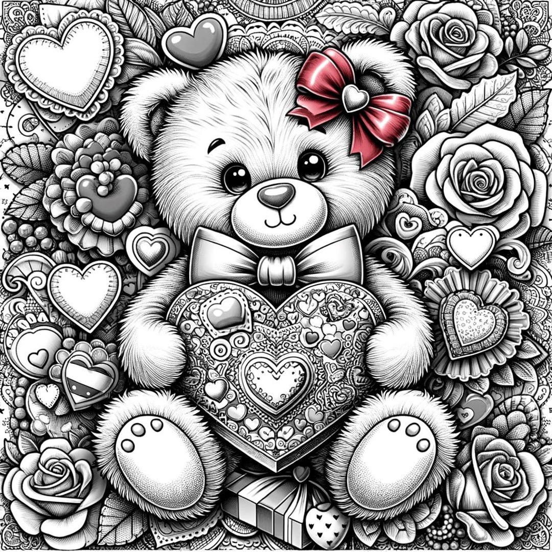 Pagina da colorare di San Valentino con l'orsacchiotto Foglio a