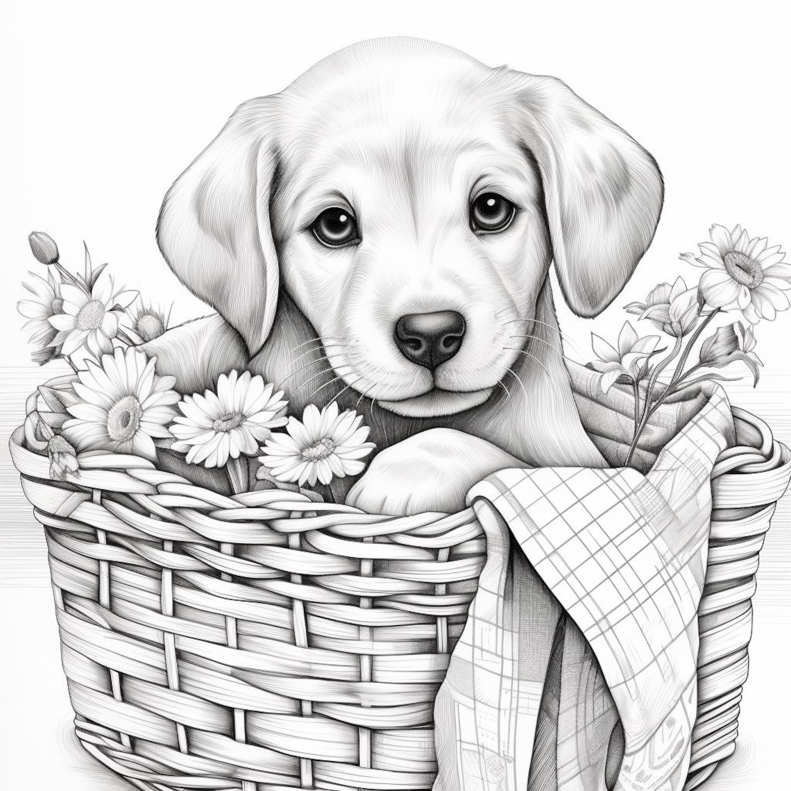 Puppy Coloring Page: Flowers & Butterflies, Printable Dog Art (digital ...