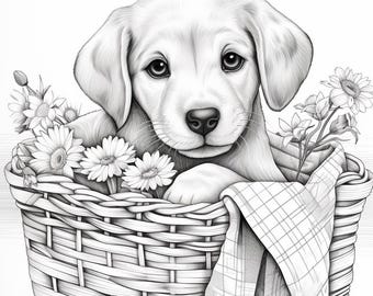 Puppy Coloring Page: Flowers & Butterflies, Printable Dog Art (Digital Download)