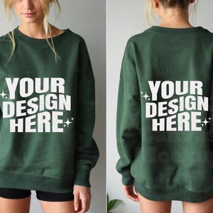 Maqueta de sudadera Gildan 18000 verde bosque / Vistasfrontal y posterior de ajuste extragrande / Producto digital acogedor para Etsy POD