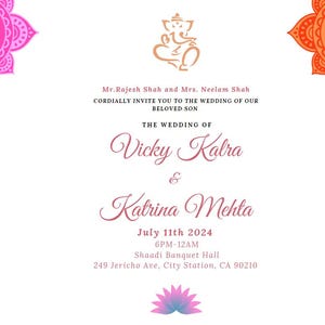 Pode incluir: Convite de casamento com desenhos florais rosa e laranja, com os nomes Vicky Kalra e Katrina Mehta, a data 11 de julho de 2024 e o horário das 18h às 00h. O convite também inclui a localização Shaadi Banquet Hall, 249 Jericho Ave, City Station, CA 90210.