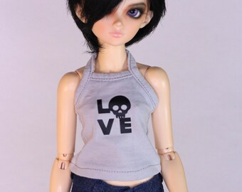 Top halter BJD Slim MSD gris con estampado de calavera "LOVE".