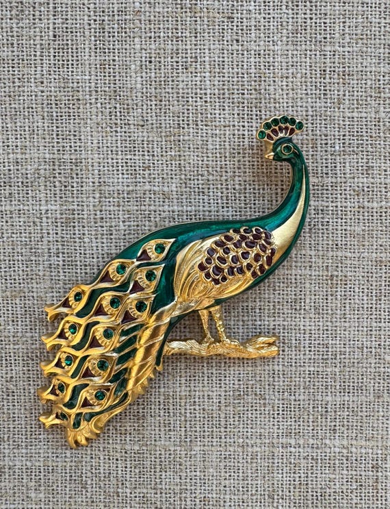 VTG Bob Mackie Peacock Brooch Pin Enamel and Green Rhinestones Gold Tone Metal 3.5” Tall 2.5” Wide, Artist Signed