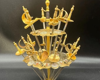 VTG MCM Toledo Cocktail Sword Set (18 picks) 2 Tier Stand Spain