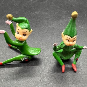 Paar vintage MCM groene elfjesbeeldjes
