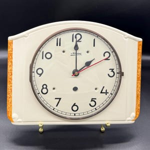 MCM Kaiser Junghans Ceramic Quartz W738 Art Deco Wall Clock Made in Germany Battery Operated 8” T 10.25” W