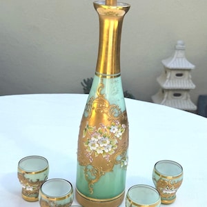 Emerald Rose Hand Painted Floral 1950’s Venetian Murano Glass Decanter Bischoff Cordial w/6 Cordial Glasses Includes Stopper 18k Gold Gilt
