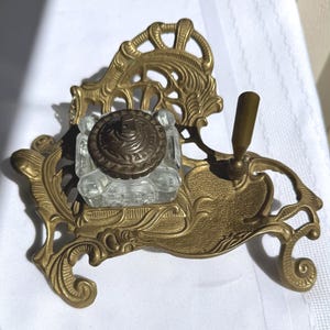 Antique Victorian Baroque Style Brass & Glass Inkwell Penholder with Feather Writing Quill Art Deco/Nouveau