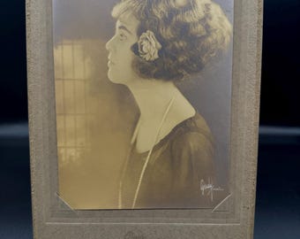 Antique Side Profile Woman Bobbed Hairstyle Art Nouveau Sepia Toned 1920’s ‘30’s Wearing a Pearl Necklace and Flower Grady Seattle 10.75”T