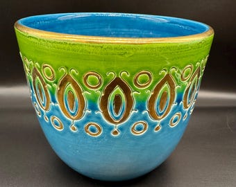 Mid Century Glazed Italian Pottery Planter by Aldo Londi for Bitossi Ceremiche Thai Silk or Rimini Oro Design Blue Green Gold Metallic Rim