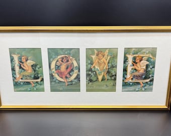 Vintage Cherub Typography “LOVE” Gold Frame Red Trim Accent White Matte Wire Hanger 22” L