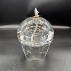 MCM Moon Stars Etched Oil Lamp Hand Blown Glass Made in Poland Metal Wick Holder Wick 5” Tall 4” W 2lbs 8 oz Heavy Paperweight Art Glass