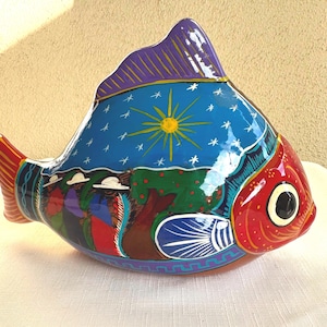 Vintage Mexican Folk Art Fish, Red Clay Pottery/Terra Cotta, Hand Painted Multi Colored Tonola/Talavera Style 7” Tall