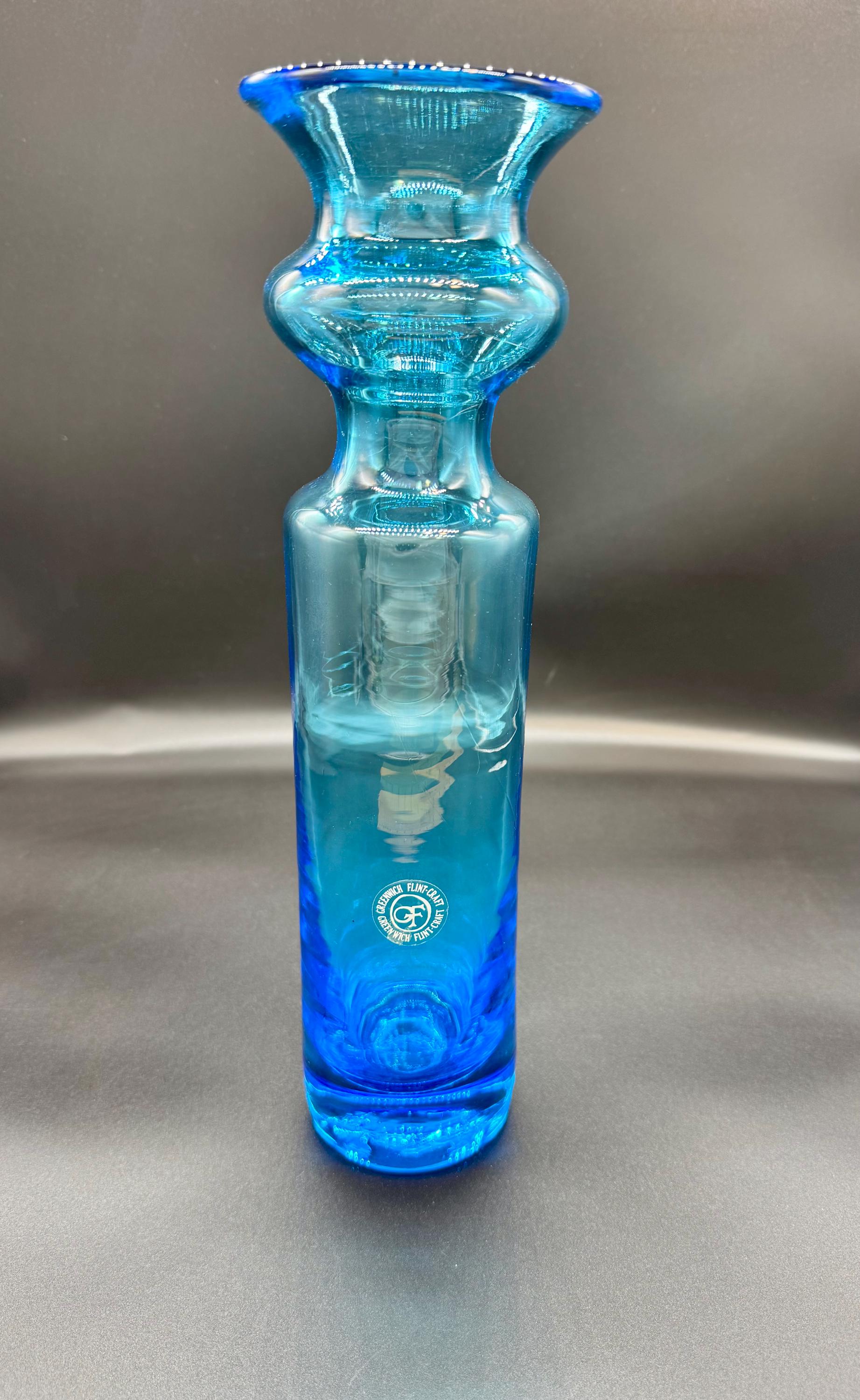 MCM Greenwich Flint Craft Glass Blue Vase Hand Blown by Tom