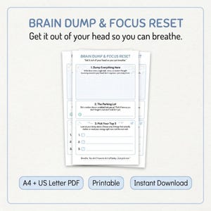 May include: A printable Brain Dump & Focus Reset planner page featuring sections for dumping thoughts, a parking lot for random ideas, and a top three task list. The document includes the text Brain Dump & Focus Reset and Get it out of your head so you can breathe, formatted for A4 and US Letter paper sizes.