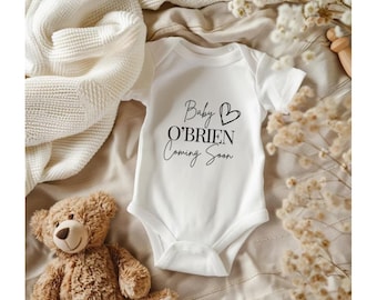 Baby Announcement | Personalised Coming Soon | Family Surname | Due date | Vest, Sleepsuit, Romper, Bib Babygrow | Baby Due | Pregnancy Gift