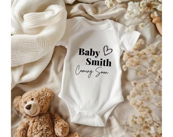 Baby Announcement | Personalised Coming Soon | Family Surname | Due date | Vest, Sleepsuit, Romper, Bib Babygrow | Baby Due | Pregnancy Gift