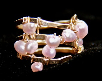 Whimsical Hammered 14k Gold Filled Wrap Ring With Pink Freshwater Pearls
