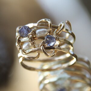 Gold Wrap Ring with Iolite Stones and Ivory Freshwater Pearls image 2