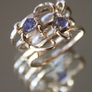 Gold Wrap Ring with Iolite Stones and Ivory Freshwater Pearls image 1