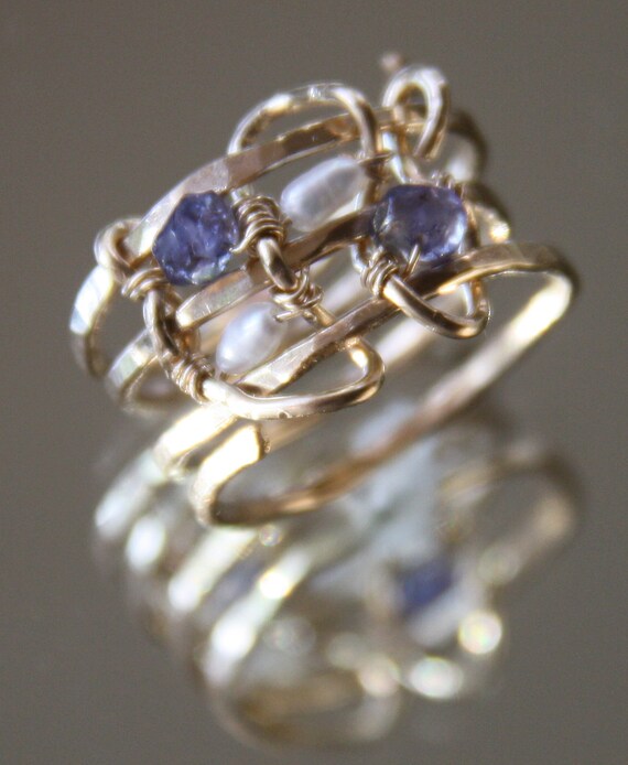 Gold Wrap Ring with Iolite Stones and Ivory Freshwater Pearls