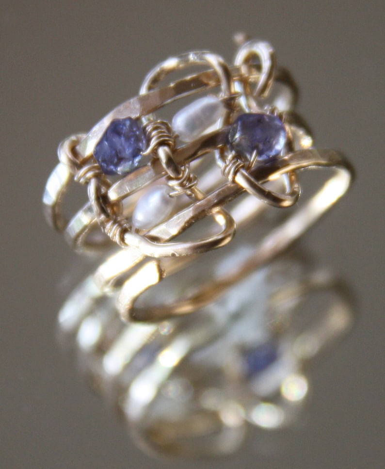 Gold Wrap Ring with Iolite Stones and Ivory Freshwater Pearls image 1