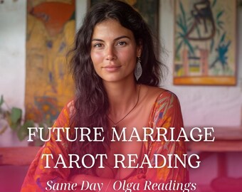 May include: A woman with long dark hair and a patterned top is the focal point of this image. Text overlay reads "FUTURE MARRIAGE TAROT READING" and "Same Day / Olga Readings". The background features artwork and a pink overlay.