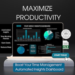 Peut inclure: Un écran d'ordinateur portable affichant un tableau de bord de gestion du temps avec des graphiques et des diagrammes. Le tableau de bord est intitulé "Votre tableau de bord des informations hebdomadaires" et comprend des informations sur le temps passé sur différentes tâches, catégories et valeurs. Le texte "Maximiser la productivité" est affiché au-dessus de l'écran de l'ordinateur portable. Le texte "Boostez votre gestion du temps Tableau de bord des informations automatisées" est affiché sous l'écran de l'ordinateur portable.