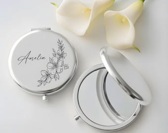 Personalized Pocket Mirror Gift, Engraved Compact Mirror, Bridesmaid Proposal Gift, Birth Flower Wedding Favor, Gift for Her, Maid of Honor