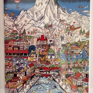 CHARLES FAZZINO: “Grüezi. Salut, Ciao, Bundi Switzerland”. Limited Edition Serigraph. Exclusively Museum Editions Ltd. New Rochelle, NY.