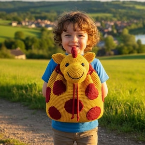 Peut inclure: Un sac à dos girafe au crochet jaune et rouge avec un visage souriant, des oreilles et une fermeture à cordon rouge. Le sac à dos a de gros pois rouges et est porté par un enfant. L'arrière-plan est un champ vert et un ciel bleu.