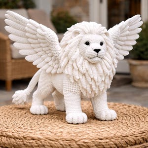 May include: A white crochet lion with large, detailed wings. The lion has a fluffy mane and a tail. It is standing on a round, woven surface. The background is blurred, suggesting an outdoor setting.
