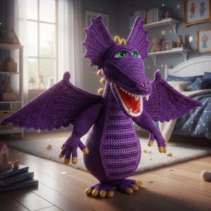 Może przedstawiać: Duży, fioletowy szydełkowy smok z zielonymi oczami i złotymi akcentami. Smok ma duże skrzydła i stoi na drewnianej podłodze. Ręcznie robiona zabawka, idealna do pokoju dziecięcego.