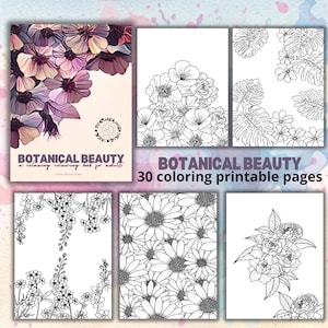 May include: A collection of 30 printable colouring pages featuring botanical illustrations. The pages include flowers, leaves, and other plant designs. The title of the colouring book is "Botanical Beauty: A relaxing colouring book for adults".