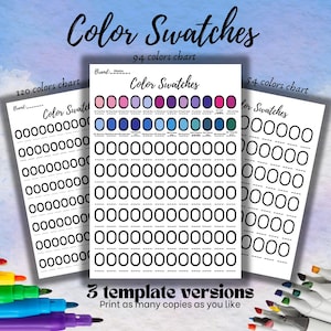 Puede incluir: Tres tablas de muestras de color imprimibles con diferentes números de círculos de color. Las tablas están etiquetadas como "120 colores chart", "94 colores chart" y "54 colores chart". El texto "Color Swatches" aparece en la parte superior de cada tabla. El texto "3 versiones de plantilla" y "Imprime tantas copias como quieras" aparece en la parte inferior de la imagen.